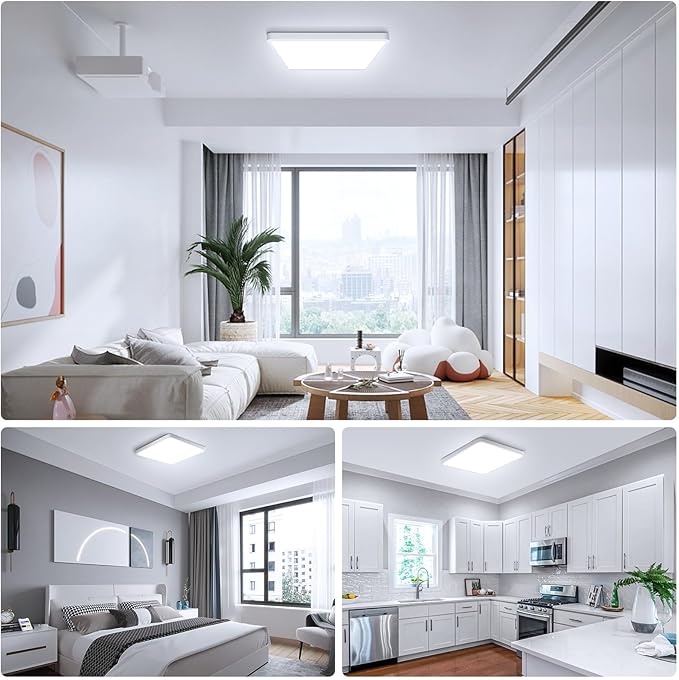 LightingWill 12Inch 24W Square LED Ceiling Light Fixtures, Flush Mount, Modern, White, 6000K Cold White, 3200LM, Kitchen, Bathroom, Bedroom