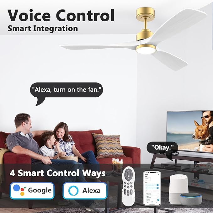 52 Inch Wood Smart Ceiling Fans with Lights Remote,Voice Control via WIFI Alexa App,Quiet DC Motor,Outdoor Indoor Ceiling Fan,Dimmable,Modern Gold White Lighting & Ceiling Fan for Bedroom Patio Porch