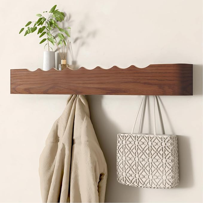 Coat Rack Wall Mount Entryway Organizer Modern Key Holder Wall Mount with Wooden Shelf Entryway Hooks for Bedroom Kitchen Hallway Bathroom for Hanging Coats Hats Dog Leashes Bags Towels