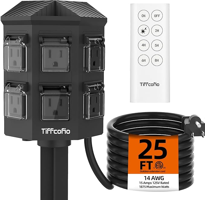 TiFFCOFiO Outdoor Power Strip with 25FT Extension Cord, Remote Control Dusk to Dawn Light Timer Waterproof, 6 Grounded Outlets for Christmas Yard Inflatables and Decorations, ETL Listed