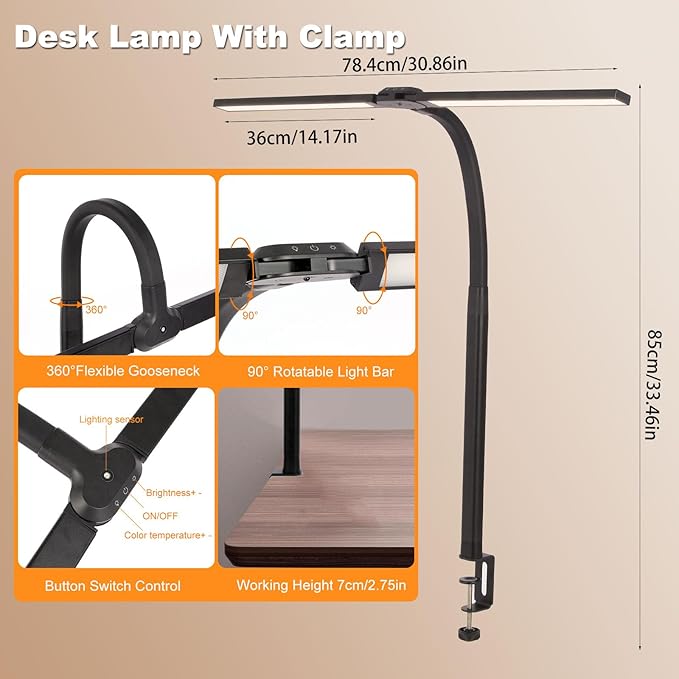 LED Desk Lamp for Home Office,Dimmable Computer Light with Clamp,24W 5 Color Double Head Study Lamp with Adjustable Flexible Gooseneck for Workbench Reading Drafting Monitor