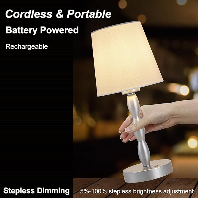 CASTLELIFE Portable Cordless Table Lamp,Touch Desk Lamp Rechargeable Battery Powered, 3-Level Brightness Stepless Dimmable Bedside Night Lamp,for Bedroom/Restaurant/Bars/Outdoor, Bulb Included,Silver