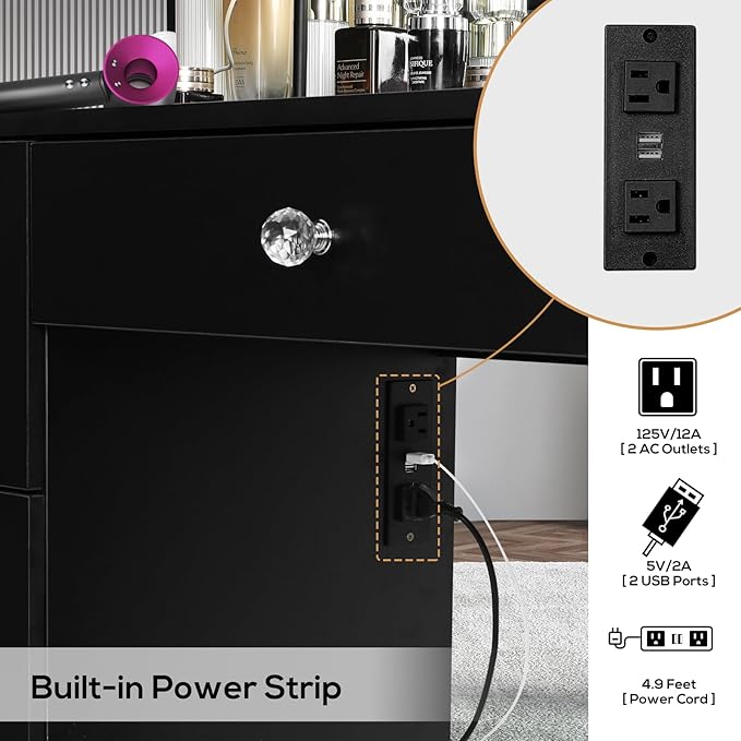 SMOOL Vanity with Lighted Mirror, Makeup Vanity Desk with Power Outlet and LED Bulbs, 3 Color Lighting Modes Adjustable Brightness, 7 Drawers Vanity Table with Cushioned Stool for Bedroom,Black