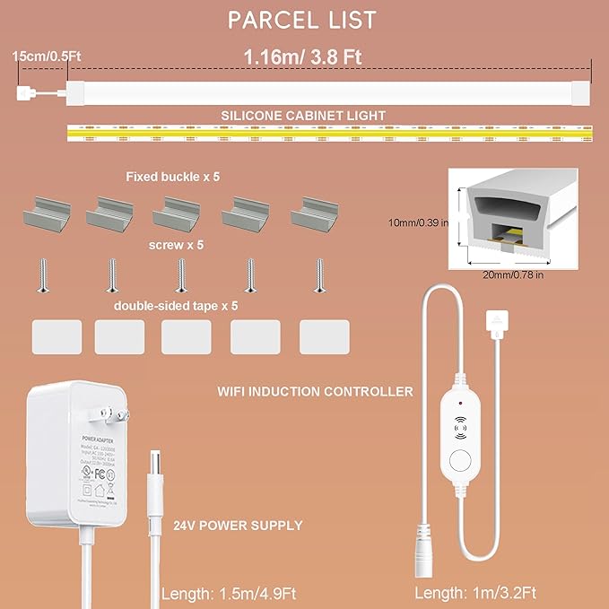 42inch WiFi LED Under Cabinet Lighting Plug in, Radar Motion & Ambient Light Sensor Silicone White 2700K-6500K, Wireless APP Control Dimmable Timing, for Google Home Alexa, for Kitchen Under Counter