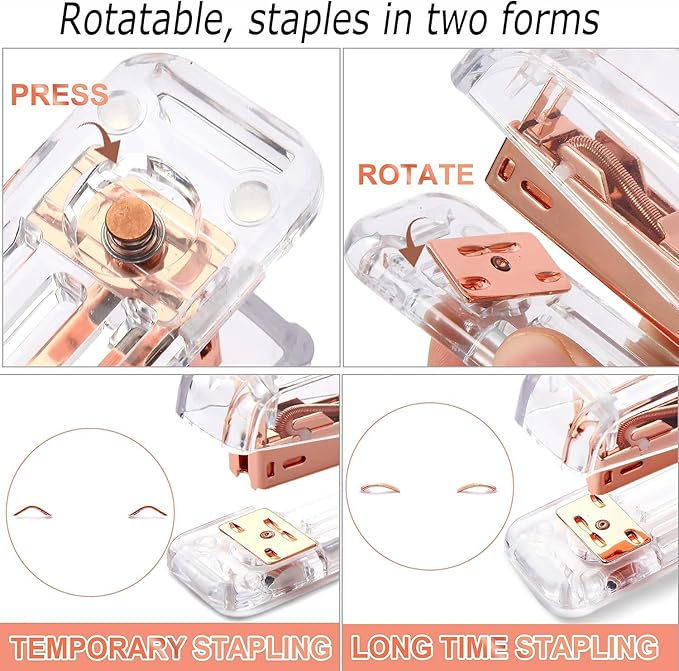 Rose Gold Desk Organizers and Accessories Set with 360-Degree Rotating Pen Holder, Acrylic Stapler, Tape Holder, Staple Remover, Binder/Paper Clips Kit, Scissor and 1 Box of Staples