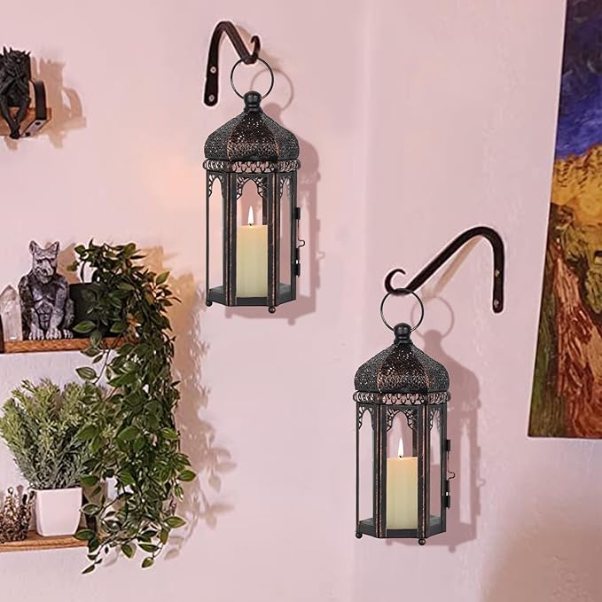 DECORKEY Vintage Medium Size Lantern Decorative Indoor & Outdoor, Moroccan Hanging Lantern with Clear Glass, Metal Tabletop Candle Lanterns for Front Porch Patio Decor, Christmas Decorations