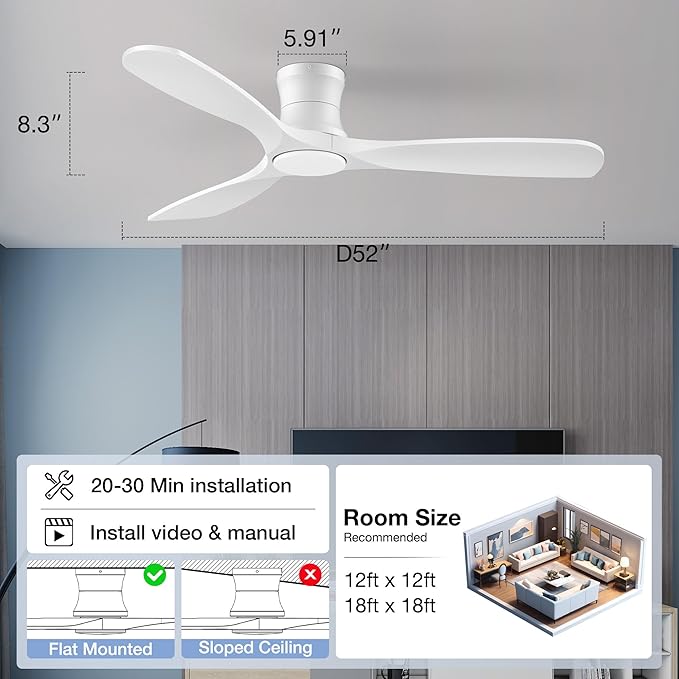 52inch Wood Ceiling Fans with Lights and Remote,Low Profile Modern White Ceiling Fan with Light,Outdoor Indoor Flush Mount Ceiling fan,for Bedroom Living room Patio,3 Blades,Dimmable LED,Quiet