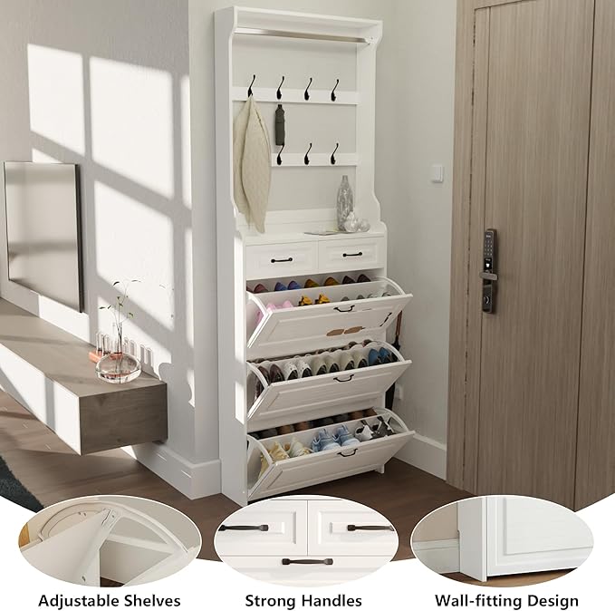 Betoko Hall Tree with Shoes Storage,Farmhouse Entryway Coat Rack Wooden Mudroom Hallway Tree Bench Corner Tree Cabinet with 8 Coat Hooks and 3 Shoes Cabinets and 2 Drawers(White)