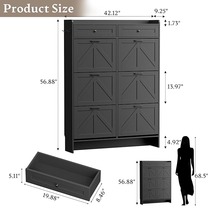 Shoe Cabinet for Entryway, Farmhouse Shoe Storage Cabinet with 6 Flip Drawers and 2 Top Drawers, Tall Narrow Shoe Organizer Cabinet with Adjustable Shelves, Side Hooks and Anti-Tip Kit