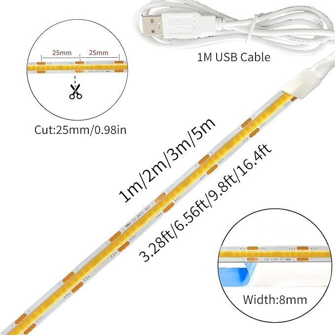 5V USB COB LED Strip Lights 2PCS,3.28FT/1M,Warm White 3000K,320LEDs/M,8mm Width,Not Waterproof IP20,1M USB Cable,Flexible LED Tape Light for DIY Home Indoor Decoration