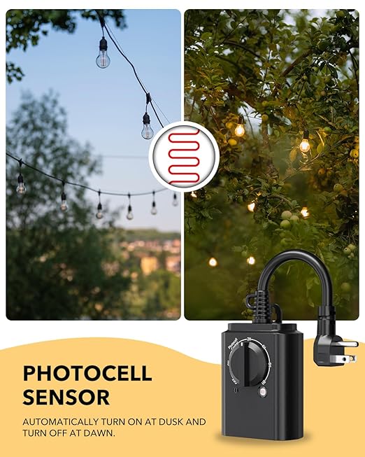 BN-LINK Outdoor Light Timer with Dusk to Dawn Sensor, Weatherproof Dual Grounded Outlets for Christmas Decorations, 15A 1/2HP ETL Listed(2 Pack)