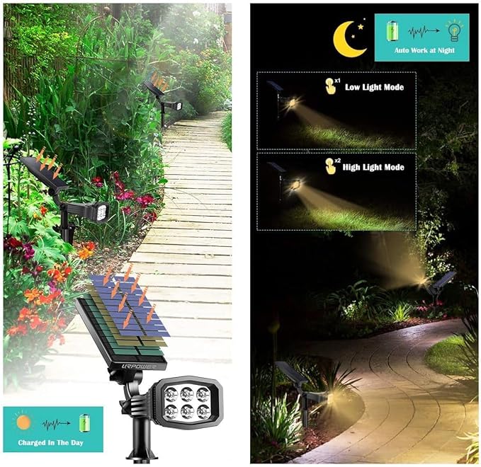 URPOWER Solar Lights Outdoor, 2-in-1 Solar Spot Lights Waterproof with 2 Lighting Modes, Adjustable Solar Powered Spotlights Auto On/Off Landscape Lights for Yard Garden Pathway, 2 Pack (Warm White)