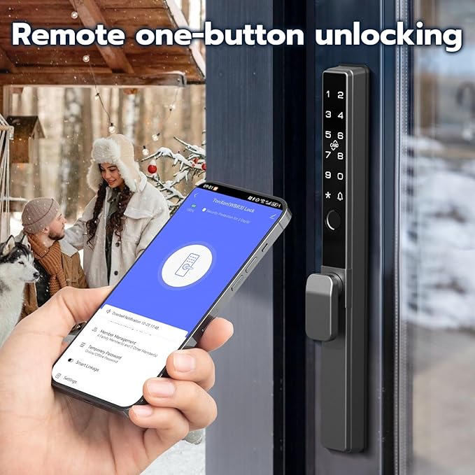 Sliding Door Lock, Smart Door Lock with Fingerprint RFID Keypad Bluetooth App Control, Electronic Biometric Digital Code with Double Hook for Thickness 22~110mm, Keyless Entry Patio Door Lock
