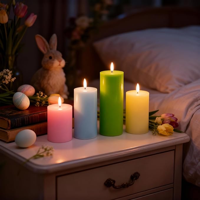 Flameless Easter Candles, 4 Pack Pastel Battery Operated Candles with Remote, Real Wax Electronic LED Fake Candles Easter Table Centerpiece Party