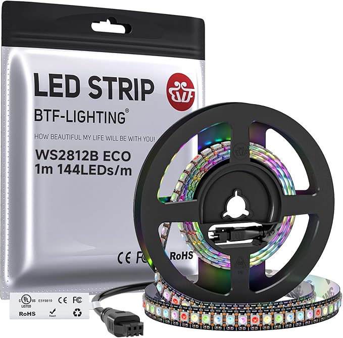 BTF-LIGHTING WS2812B ECO RGB LED Strip,UL Listed,Individually Addressable,3.28FT 144LED/m 144Pixel DC5V 5050SMD,Alloy Wire Flexible 3M Tape for DIY Chasing Color Project IP65(No Adapter or Controller)