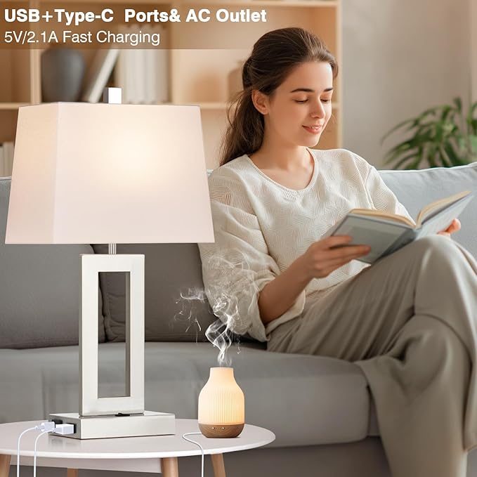 Table Lamp Set of 2 with USB C+A Ports & AC Outlet, Bedside Lamps, Modern Bedroom Lamps, Silver Lamps for Bedroom Living Room,Nightstand Lamp（Push Button Swich/NO dimming