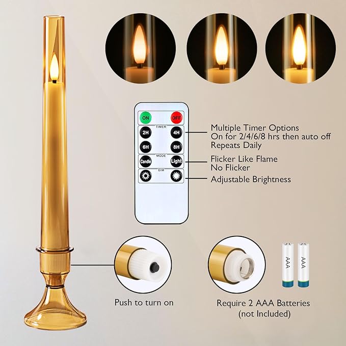 Homemory 6 Pcs Flameless Taper LED Candles with Remote and Timer, 3D Wick Flickering, Window Candles with 2 Light Modes, Battery Operated for Xmas Wedding Decor, 9.6 Inch, Gold