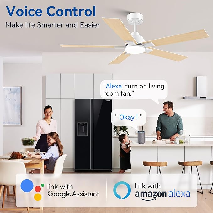 52Inch Smart Ceiling Fan with Lights Remote,APP&Alexa WIFI Controled,Quiet Reversible DC Motor,Dimmable LED,Indoor Outdoor Modern Ceiling Fan,for Living Room Bedroom Patio Porch,White&Light Wood