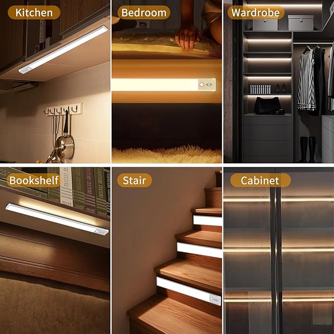 Under Cabinet Lights 2 Pack,128 LED Rechargeable Battery Operated Motion Sensor Light Indoor, Magnetic Dimmable Closet Lights, Wireless Under Counter Lights for Kitchen, Stairs (Silver)