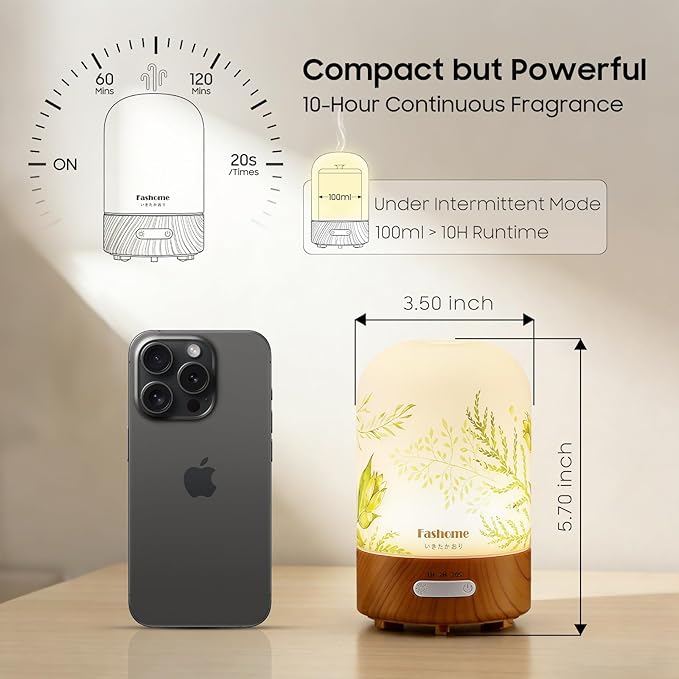 Essential Oil Diffuser Hand Blown Glass, 100ml Small Aromatherapy Diffuser, Auto Shut-Off Function, Ultrasonic Diffusers for Essential Oils, Cool Mist Humidifier with Warm White Lights