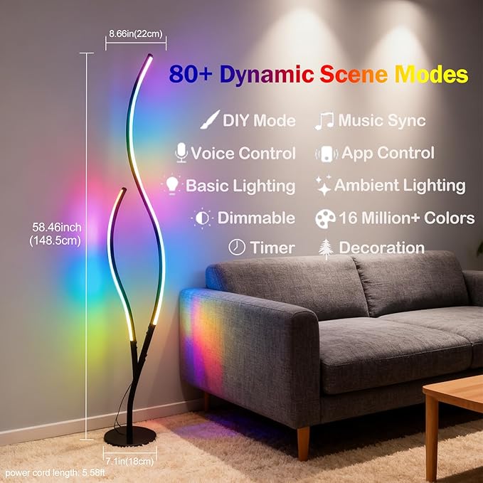 DAYCENT RGBWIC Floor Lamps Modern Smart Corner Lamp with APP and Remote 1500 Lumen LED Lights with Music Sync, 16 Million DIY Colors, Scene Modes Ambience Light for Bedroom Living Room Black