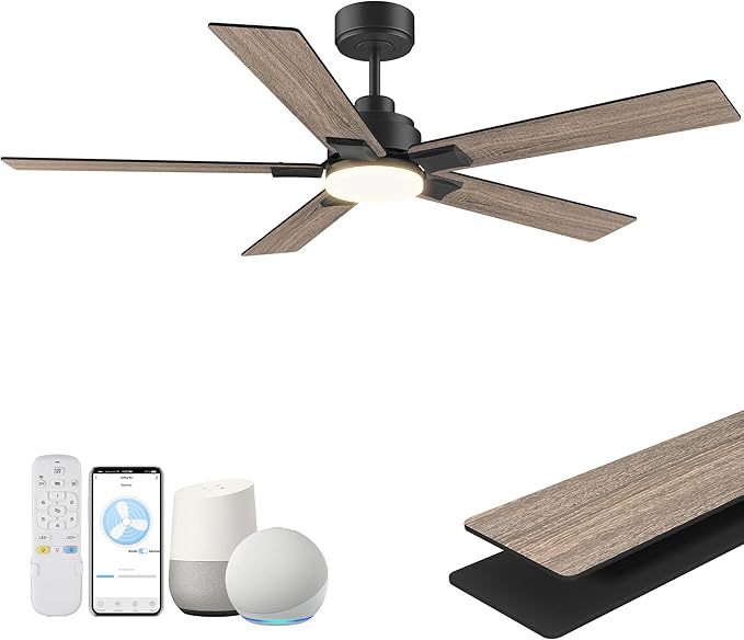 52Inch Smart Ceiling Fan with Lights Remote,APP&Voice Alexa WIFI Controled,Quiet Reversible DC Motor,Dimmable LED,Indoor Outdoor Modern Ceiling Fan,for Living Room Bedroom Patio Porch,Black&Walnut