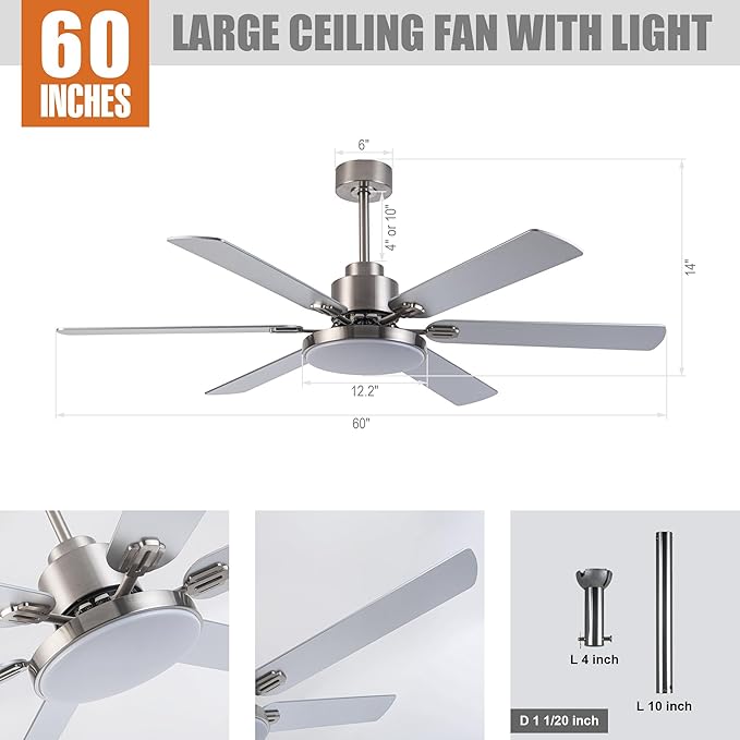 Parrot Uncle Ceiling Fans with Lights and Remote, 60 Inch Modern Fan Ceiling with Light for Bedroom Large Outdoor Ceiling Fans for Patios, Dimmable LED Chandelier, 6 Reversible Blades, Brushed Nickel