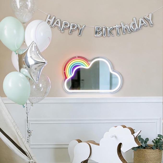 Cloud Rainbow Mirror with Light Neon Signs for Wall Decor，Makeup Mirror neon Sign Teen Girl Bedroom Becor for Birthday Christmas Halloween Thanksgiving