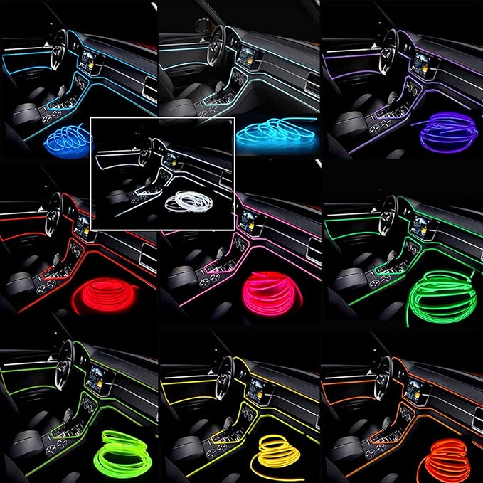 El Wire Mutilcolor Interior Car LED Strip Lights,3M Neon Wire USB 5V with Fuse Protection for Automotive Interior Decoration, with 6mm Sewing Edge