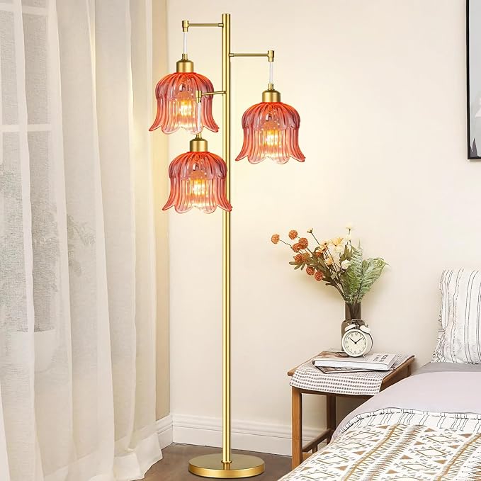 Pink Floor Lamp for Living Room,Bedroom,Gold Mid Century Modern Standing Lamp Brass Tree 3 Light Tall Floor Lamps Floor Lights Glass Flower Lamp Shade Girls Kids Boho Bohemian