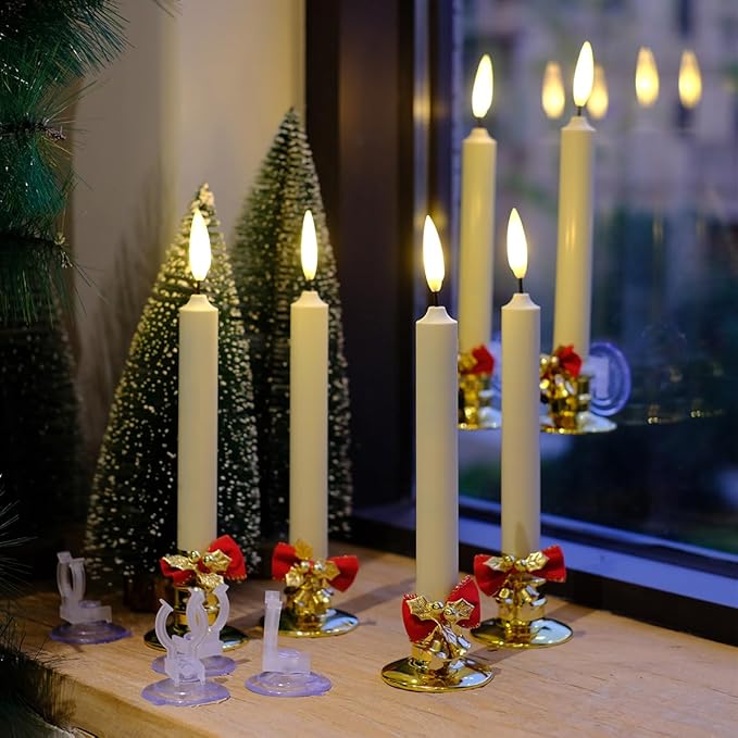 NONNO & ZGF 6 Pack Flameless 8.7'' Window Candles +12 AA Batteries(Include) +6 Red Bows(with Bells) +6 Suction Cups+6 Golden Candleholders. Battery Powered Ivory Taper Candle with Remote and Timer