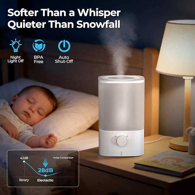 Top-Fill Cool Mist Bedroom Humidifier for Plants & Baby Nursery, 3.2L Large Capacity for up to 40H Runtime, Ultra Quiet <28dB, 3 IN 1, 5μm Fine Mist, BPA-Free for Living Room, Desk, Office
