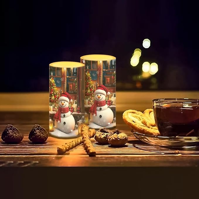 Christmas Decor Flameless Pillar Candles Cute Snowman Battery Operated Flameless LED Candles with Remote and Timer for Home Party Christmas Holiday Xmas Decorations Set of 2
