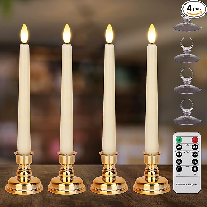 Flameless Taper Candles Flickering with Remote Timer, 4PCS Battery Operated Window Candles with Gold Candlesticks and Suction Cups, 8 Inch Warm White 3D Flame Candle for Home Xmas Decor(Ivory)