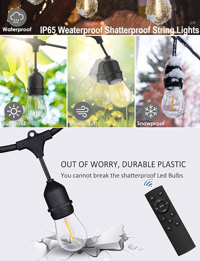 100FT Outdoor String Lights Remote Control Patio Lights Waterproof Commercial Grade, 30+2 Replaceable Dimmable Edison Bulbs, Black 1Pack, Linkable, Hooks and Zip Ties Included