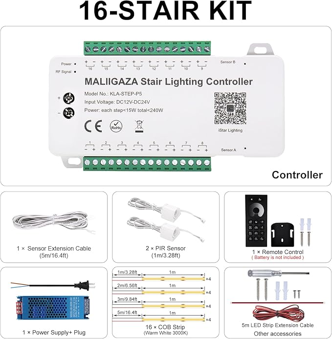 Smart Motion Sensor Staircase LED Strip Lights Kit, Intelligent 16-Step Light Controlled by APP & Remote(Not Include Battery) with 3000K Strips for Indoor Lighting