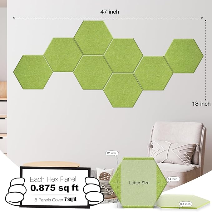 Mollywell Hexagon Acoustic Panels 14x12 - Reduce Echo & Reverb, Noise Blocking Wall Tiles for Living Room & Nursery, Fruit Green Sound Absorbing Panels