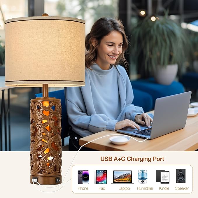 AIDENOEY Set of 2 Farmhouse Table Lamps with 2 USB Charging Ports, Vintage Carved Bedside Lamps with Smart Dimmable Bulbs, Rustic Nightstand Lamps for Bedroom Living Room Home Decor