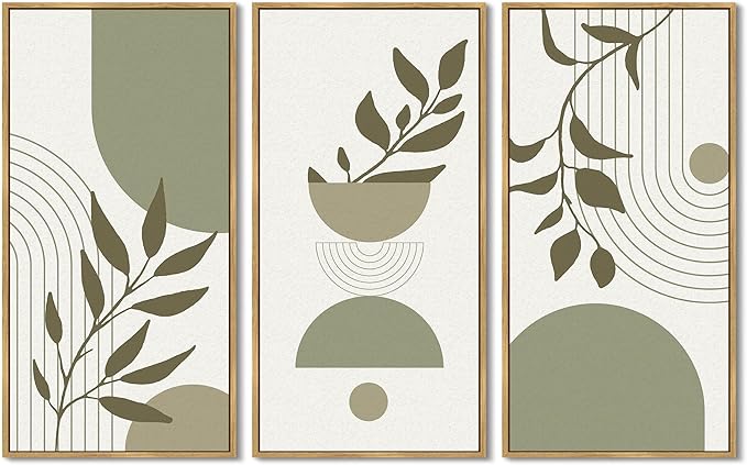KUVIOKE Boho Light Green Wall Art Framed Botanical Leaf Artwork Minimalist Line Decor for Bathroom Living Room 8x16in3pcs Natural Framed
