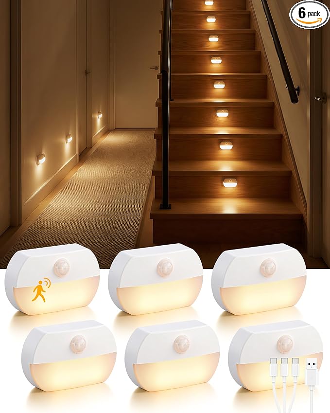6 Pack Rechargeable Motion Sensor Stair Lights, Indoor Hallway Wall Light, Magnetic Wireless Peel and Stick On Closet Light, Battery Operated LED Night Lights for Step Bedroom Cabinet Toilet Bathroom