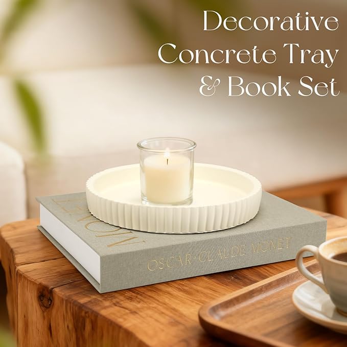 Decorative Concrete Tray & Book Set - Modern Scalloped Home Decor Tray & Linen Storage Box for Coffee Table, Bookshelf, Entryway, Console, Living Room, Housewarming Gift (White)