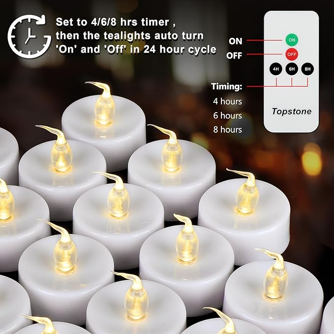Topstone Flameless LED Candles with Remote Control - Warm White Flickering Battery Operated Candles, 400+ Hours Timer Function, 4H/6H/8H Auto-Off,Electronic Tea Lights for Home Decor, Wedding, Party