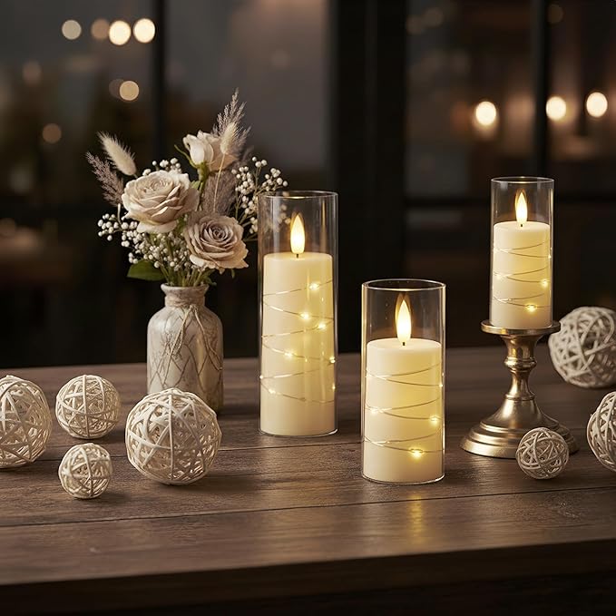 Raycare Flameless Candle with Remote Timer, 3 Flickering Acrylic Battery Operated LED Pillar Candles with Embedded Star String for Valentine's Day, Home Decor, and as a Gift(Ivory)