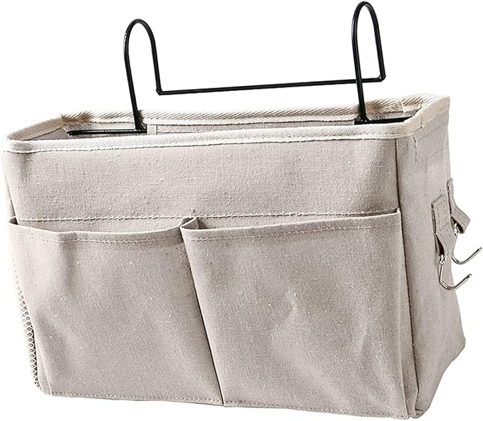 Nightstand Hanging Bag Cotton Linen Bedside Storage for Dorm Rooms (White)