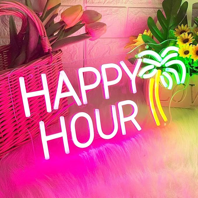 Happy Hour Neon Signs Coconut Palm Tree Pink Neon Bar Light Sign for Wall Decor Home Bar Club Coffee Pub Hotel Decor USB Operated Led Sign Game Room Bedroom Home Decor Birthday Wedding Sign