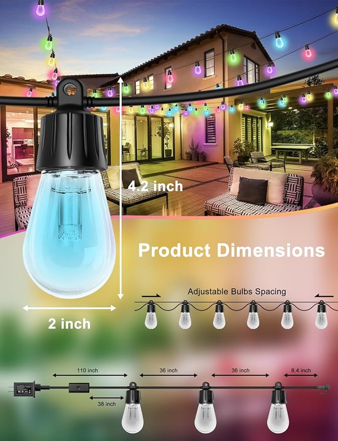 150ft String Lights for Outside, Smart RGB IC Warm White Patio Lights Outdoor Waterproof with Remote & App Control, Compatible with Alexa Great for Porch, Yard, Pergola