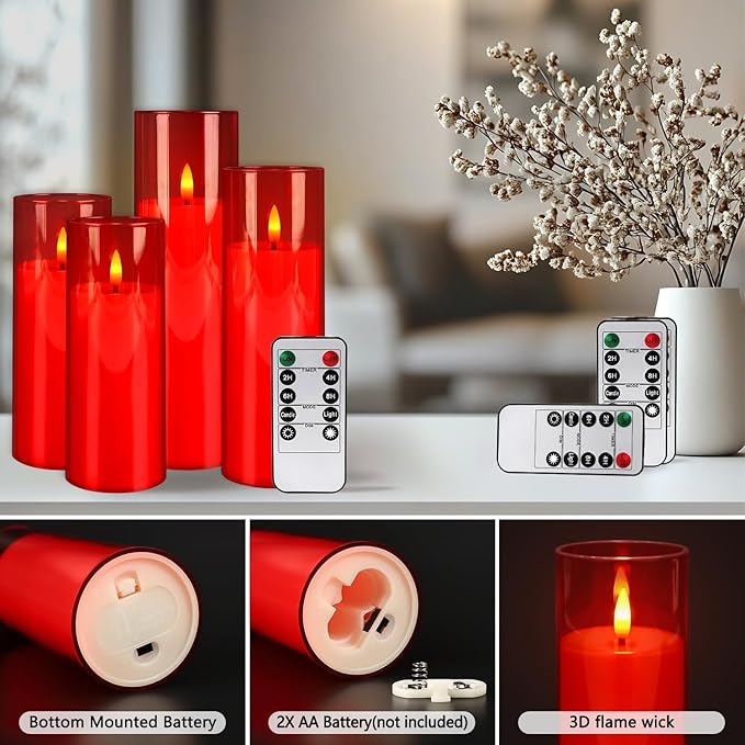 24-Pack Red Flameless LED Candles - Remote Control & Timer, Realistic Flickering for Chinese New Year Decor, Valentine's Day, Romantic Home Ambiance, Fireplace Mantel & Festive Centerpieces