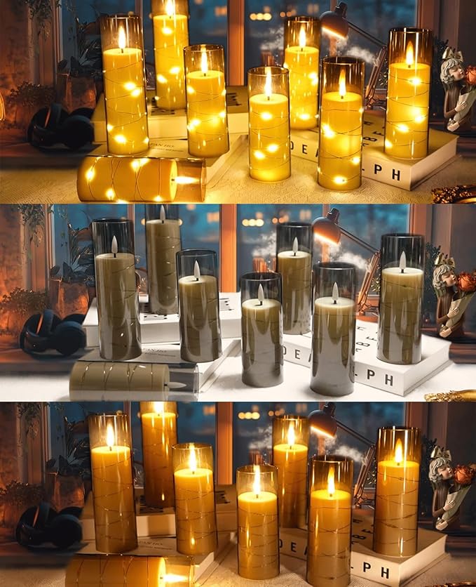 ACROSS Grey Flameless Candles with String Lights Battery Operated LED Pillar Candles 5‘’ 6‘’ 7‘’ 8‘’ Candle with Remote Control,Fake Candle Set of 12 for Special Festivals Decorations
