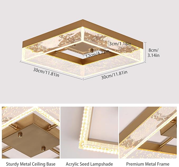 Qcyuui LED Ceiling Light Flush Mount 11.81in 20W Square LED Ceiling Lamp with Clear Bubble Acrylic Modern Led Ceiling Light for Kitchen Hallway Closet Living Room Bedroom, Gold, 3000K Dimmable