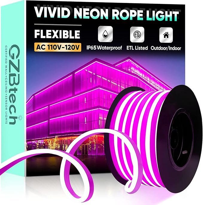 GZBtech Flexible LED Neon Rope Lights 33FT,AC 110-120V Waterproof Strip Light, 120 LEDs/M Cuttable Connectable Neon Lighting for Indoor Outdoor Home Decor/Commercial Building Use-Pink 10M, ETL Listed
